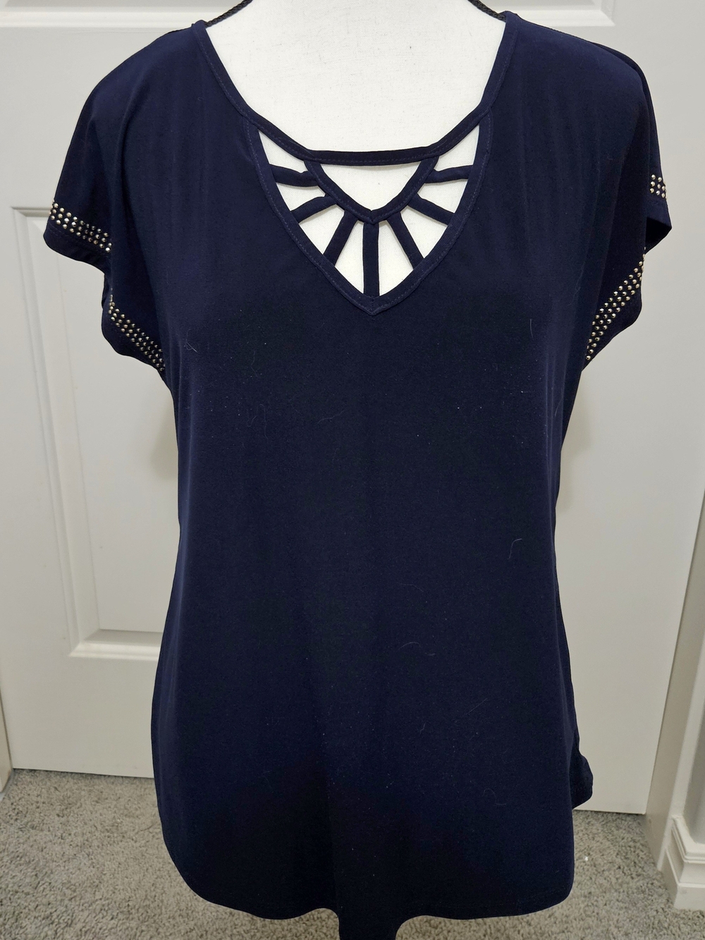 Women's Navy Short Sleeve V-Neck Top with Cutout Detail